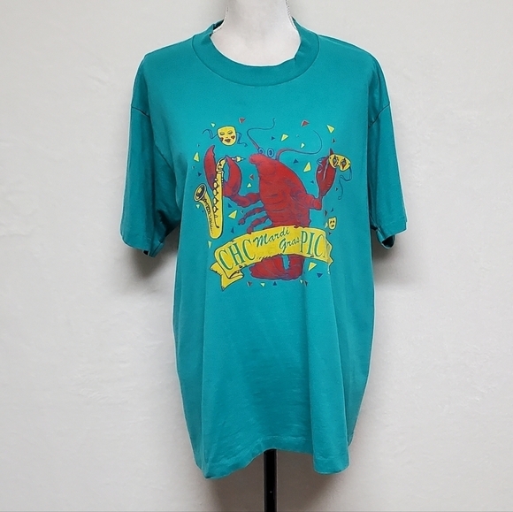 VINTAGE 1993 OOAK Mardi Gras Picnic Turquoise Sax Lobster Single Stitch Tee L - Picture 4 of 13